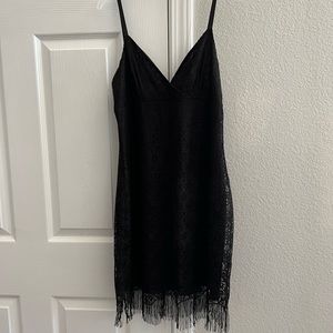 Mini party dress, Black silky dress with a lacy second layer, size 9